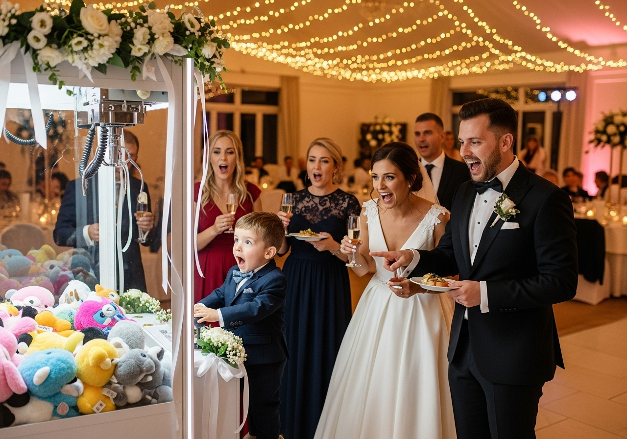 Casal se divertindo com máquina de pelúcia em casamento